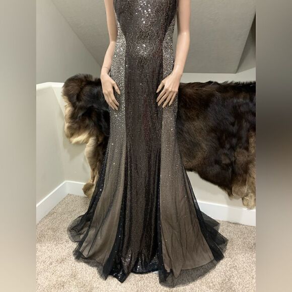 Black Sequins & Beads One Shoulder Evening Dress, Stunning Black Evening Gown - Picture 9 of 14